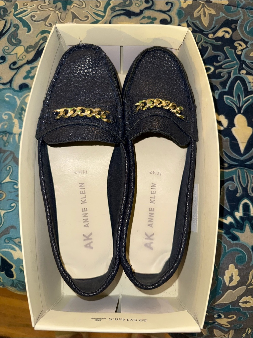 Anne Klein Navy Textured Loafers with Gold Chain Accent